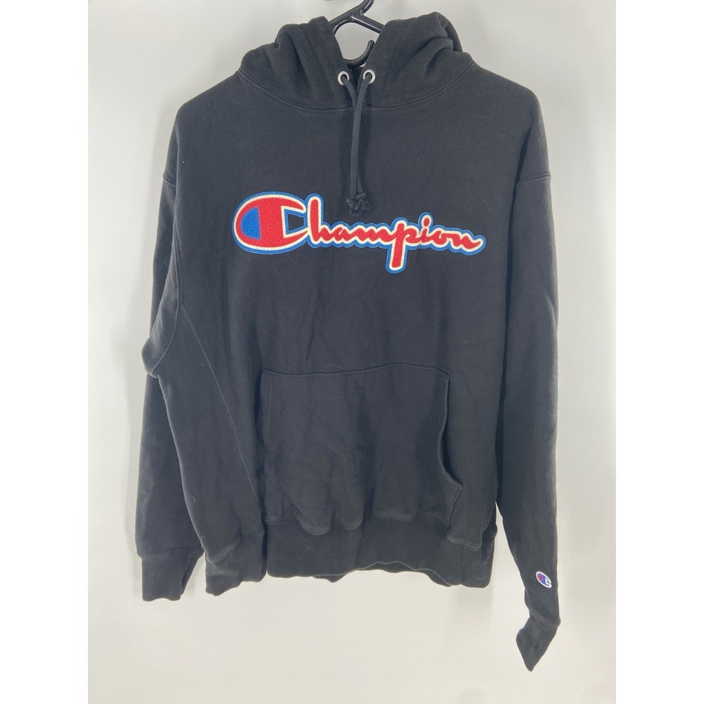 Champion Reverse Weave Hoodie Adult‎ Large Black Neon Blue Red Retro Sweatshirt